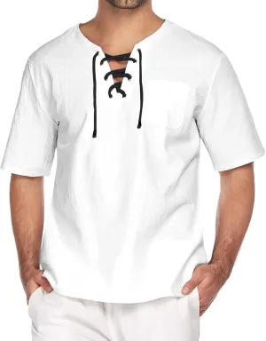 elselect Mens Cotton Linen Shirts Lace Up Short Sleeve T Shirts Casual Beach Hippie Renaissance Shirt V Neck Yoga Tops