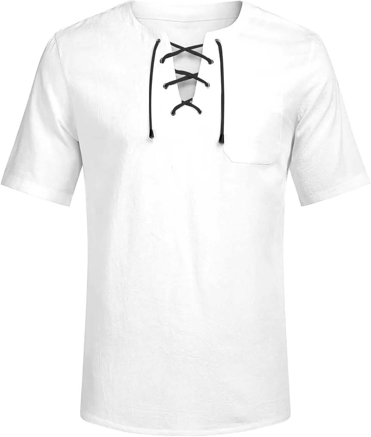 elselect Mens Cotton Linen Shirts Lace Up Short Sleeve T Shirts Casual Beach Hippie Renaissance Shirt V Neck Yoga Tops