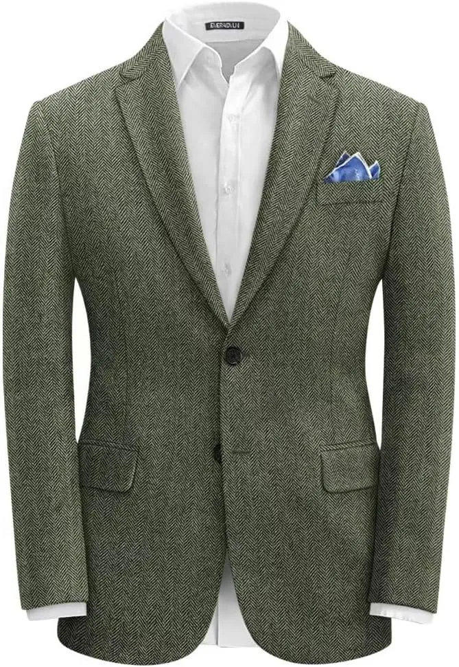 EMERAIDVLN Men's Tweed Blazer Vintage Herringbone Tweed Suit Jacket Casual Two Button Notch Lapel Wool Blend Sport Coats