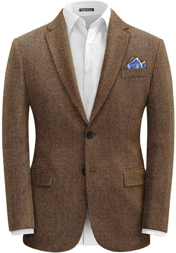 EMERAIDVLN Men's Tweed Blazer Vintage Herringbone Tweed Suit Jacket Casual Two Button Notch Lapel Wool Blend Sport Coats