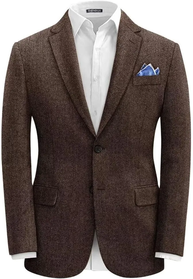 EMERAIDVLN Men's Tweed Blazer Vintage Herringbone Tweed Suit Jacket Casual Two Button Notch Lapel Wool Blend Sport Coats