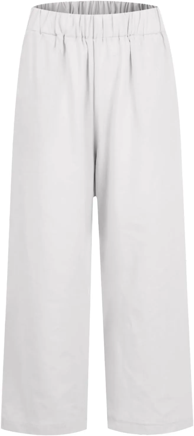 eoeioa Linen Ankle Pants for Women Summer Elastic High Waisted Cropped Pants Casual Lightweight Linen Pant with Pockets