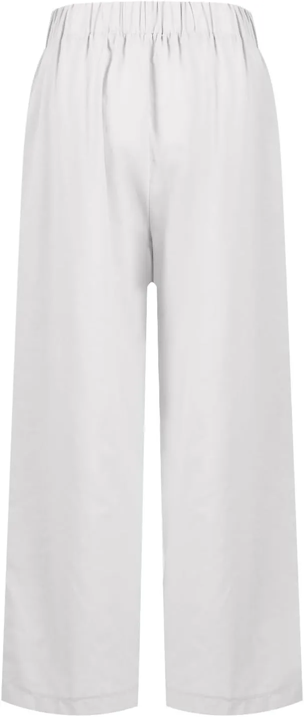 eoeioa Linen Ankle Pants for Women Summer Elastic High Waisted Cropped Pants Casual Lightweight Linen Pant with Pockets