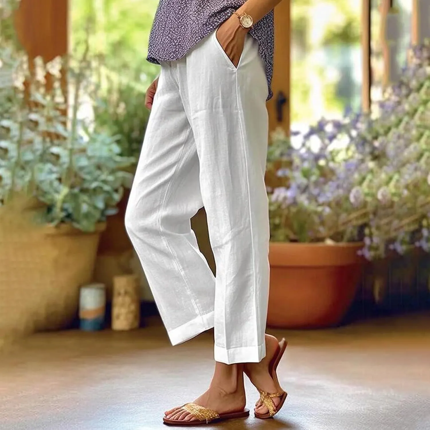 eoeioa Linen Ankle Pants for Women Summer Elastic High Waisted Cropped Pants Casual Lightweight Linen Pant with Pockets