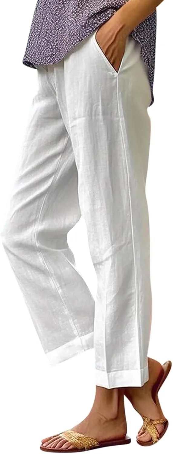 eoeioa Linen Ankle Pants for Women Summer Elastic High Waisted Cropped Pants Casual Lightweight Linen Pant with Pockets