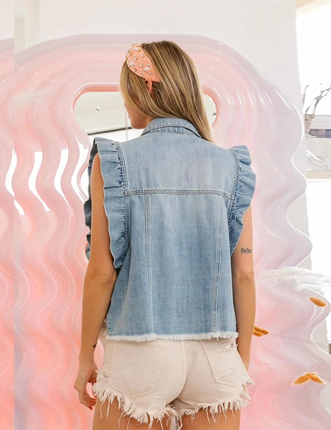 Esmeling Womens Distressed Ruffled Sleeveless Denim Vest Button Front Ripped Raw Hem Jean Waistcoat