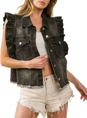 Esmeling Womens Distressed Ruffled Sleeveless Denim Vest Button Front Ripped Raw Hem Jean Waistcoat
