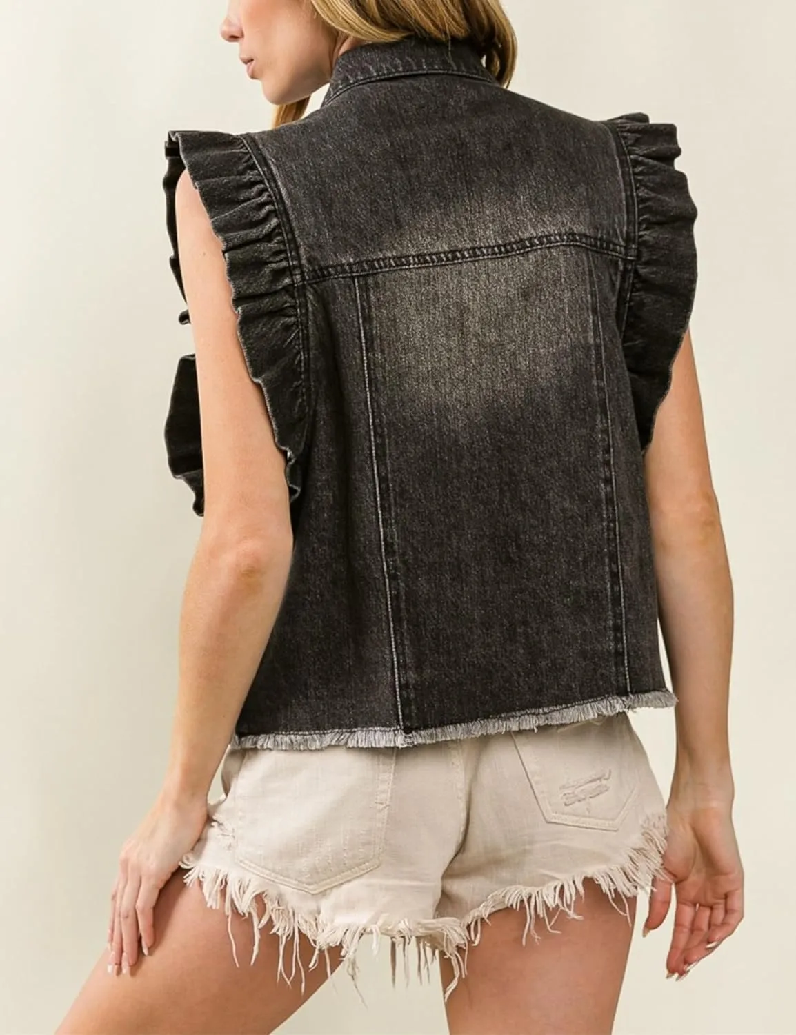 Esmeling Womens Distressed Ruffled Sleeveless Denim Vest Button Front Ripped Raw Hem Jean Waistcoat
