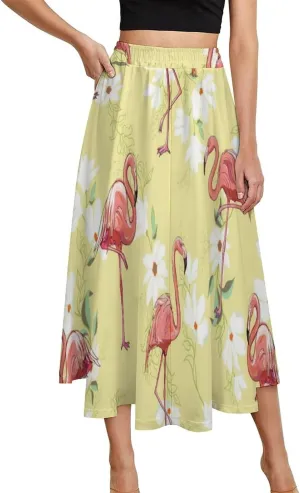 Esthetic Flamingos Printed Midi Skirts High Elastic Waist Pleated Boho Office Skirt