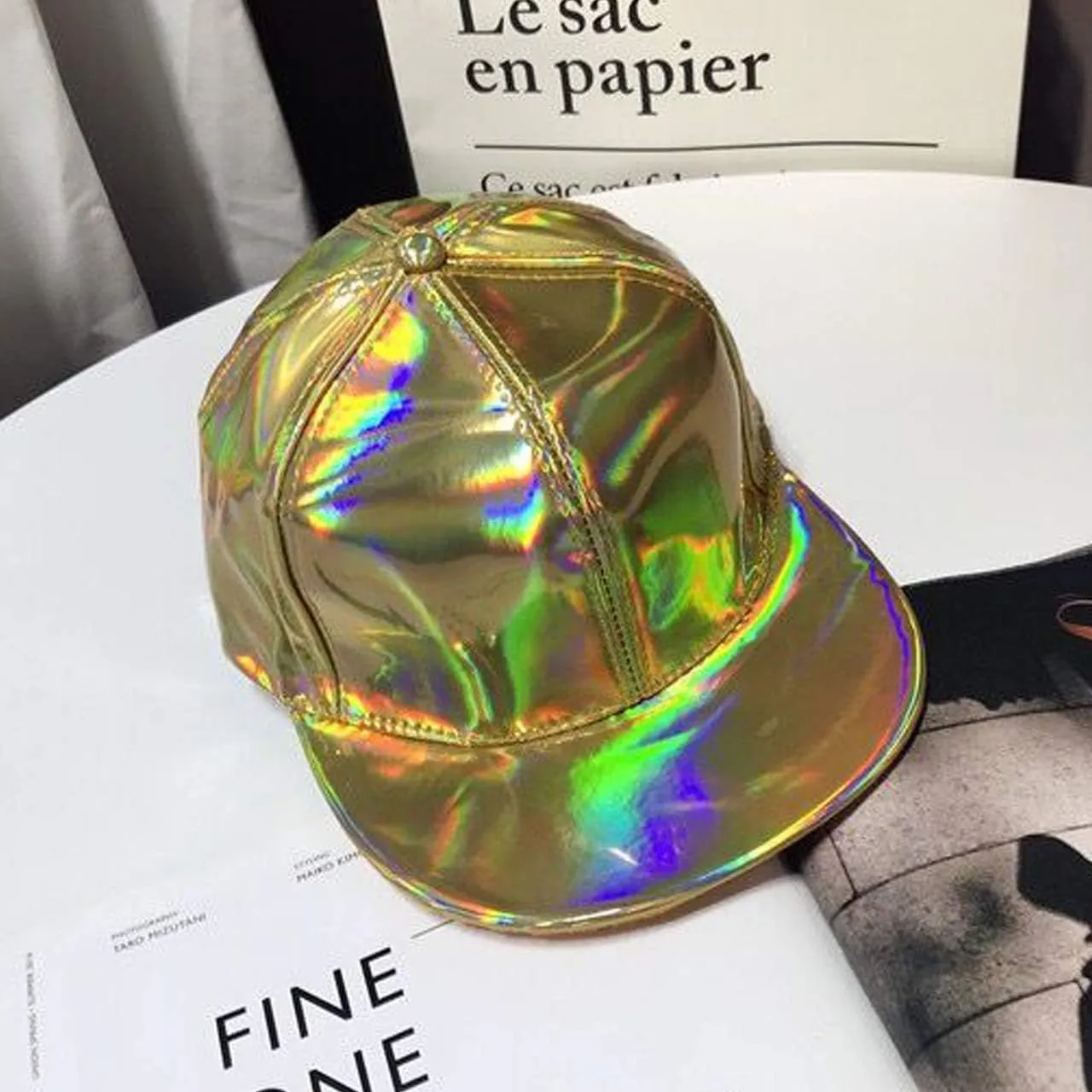 FALETO Adjustable Shiny Holographic Baseball Cap Rainbow Reflective Hip Hop Rave Hat Metallic Casual Cap