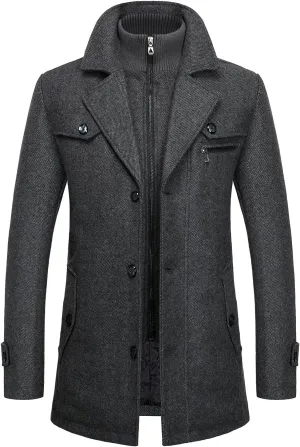 FANARCHER Men's Wool Blend Coats with Detachable Zipper Winter Warm Jakcet Single Breasted Business Windbreaker Pea Coat