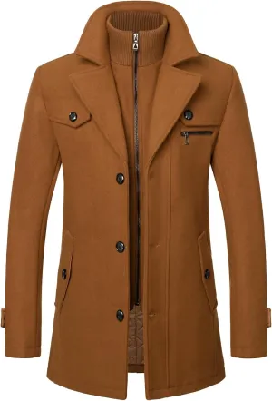 FANARCHER Men's Wool Blend Coats with Detachable Zipper Winter Warm Jakcet Single Breasted Business Windbreaker Pea Coat