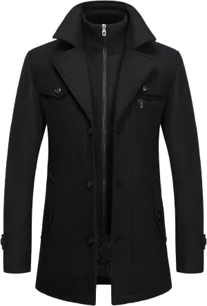 FANARCHER Men's Wool Blend Coats with Detachable Zipper Winter Warm Jakcet Single Breasted Business Windbreaker Pea Coat