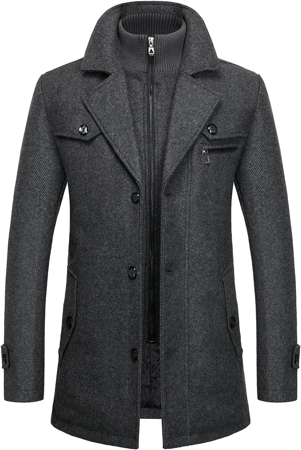 FANARCHER Men's Wool Blend Coats with Detachable Zipper Winter Warm Jakcet Single Breasted Business Windbreaker Pea Coat