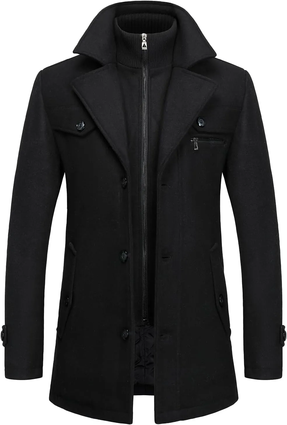 FANARCHER Men's Wool Blend Coats with Detachable Zipper Winter Warm Jakcet Single Breasted Business Windbreaker Pea Coat