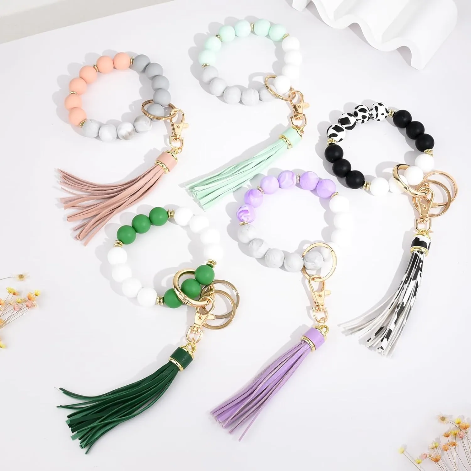 FANCIBAND Silicone Beaded Keychain Wristlet With Leather Tassel, Key Bracelet Wristlet For Women, Womens Keychains
