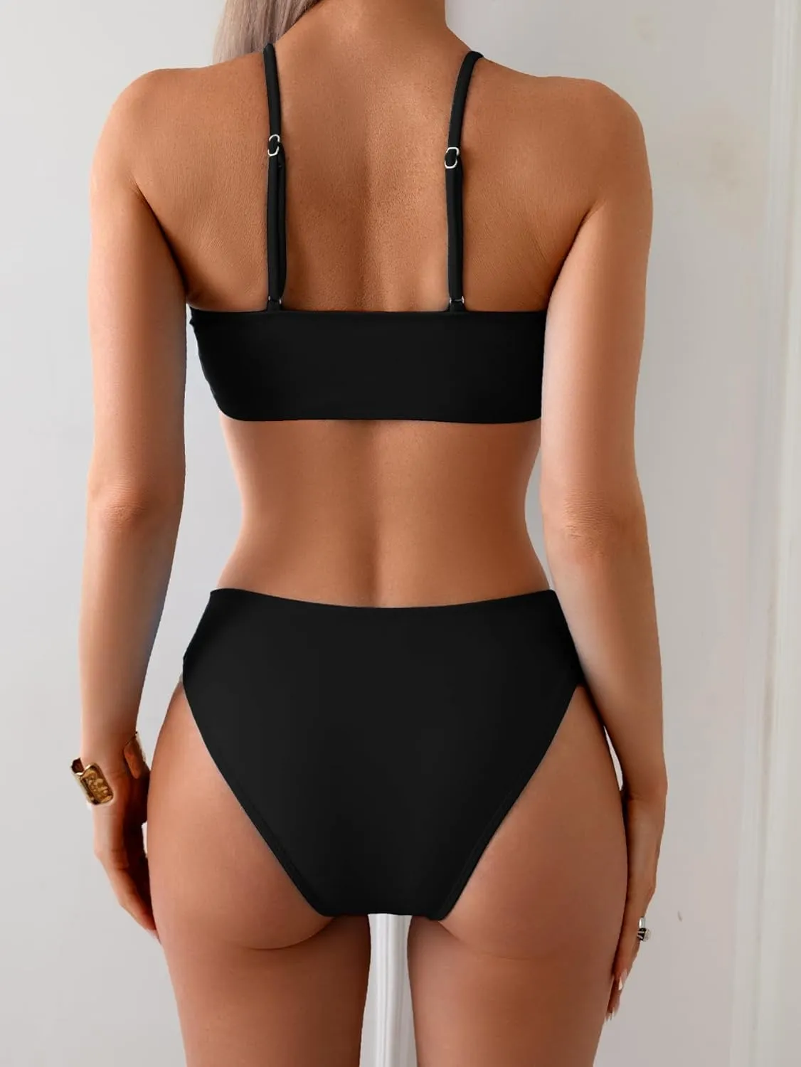 Fanuerg Women's Tie Front Triangle Bikini Set Sexy Cutout String Two Piece Swimsuit High Cut Cheeky Bathing Suit