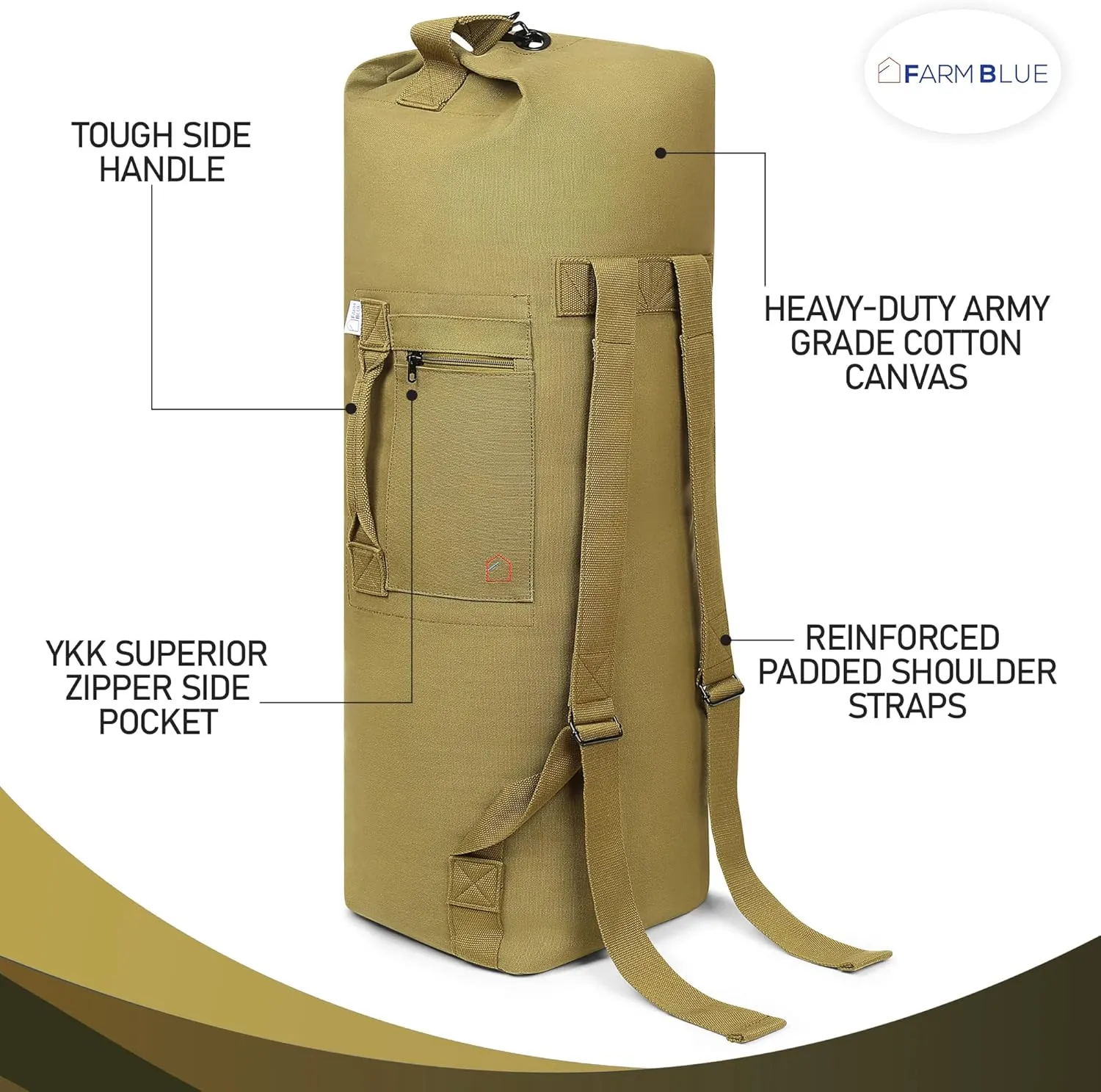 Farm Blue Brand Military Style GIs Duffle -Simply the BEST 2 Strap Top Load XLarge Duffel on the market - Durable 18oz Canvas -4 Tactical Gear to Dorm -Summer Camp or Laundry Bag - 22" x 38" OD Green
