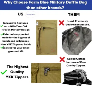 Farm Blue Brand Military Style GIs Duffle -Simply the BEST 2 Strap Top Load XLarge Duffel on the market - Durable 18oz Canvas -4 Tactical Gear to Dorm -Summer Camp or Laundry Bag - 22" x 38" OD Green