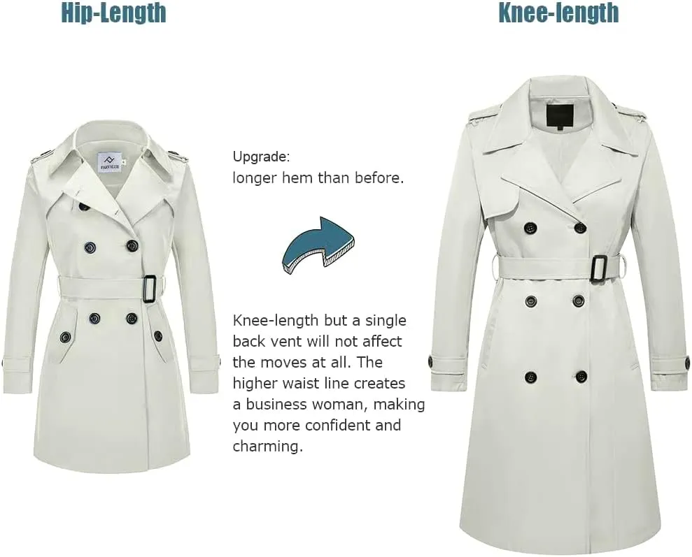 FARVALUE Women's Long Trenchcoat Double Breasted Trench Coat Water Resistant Classic Peacoat with Belt