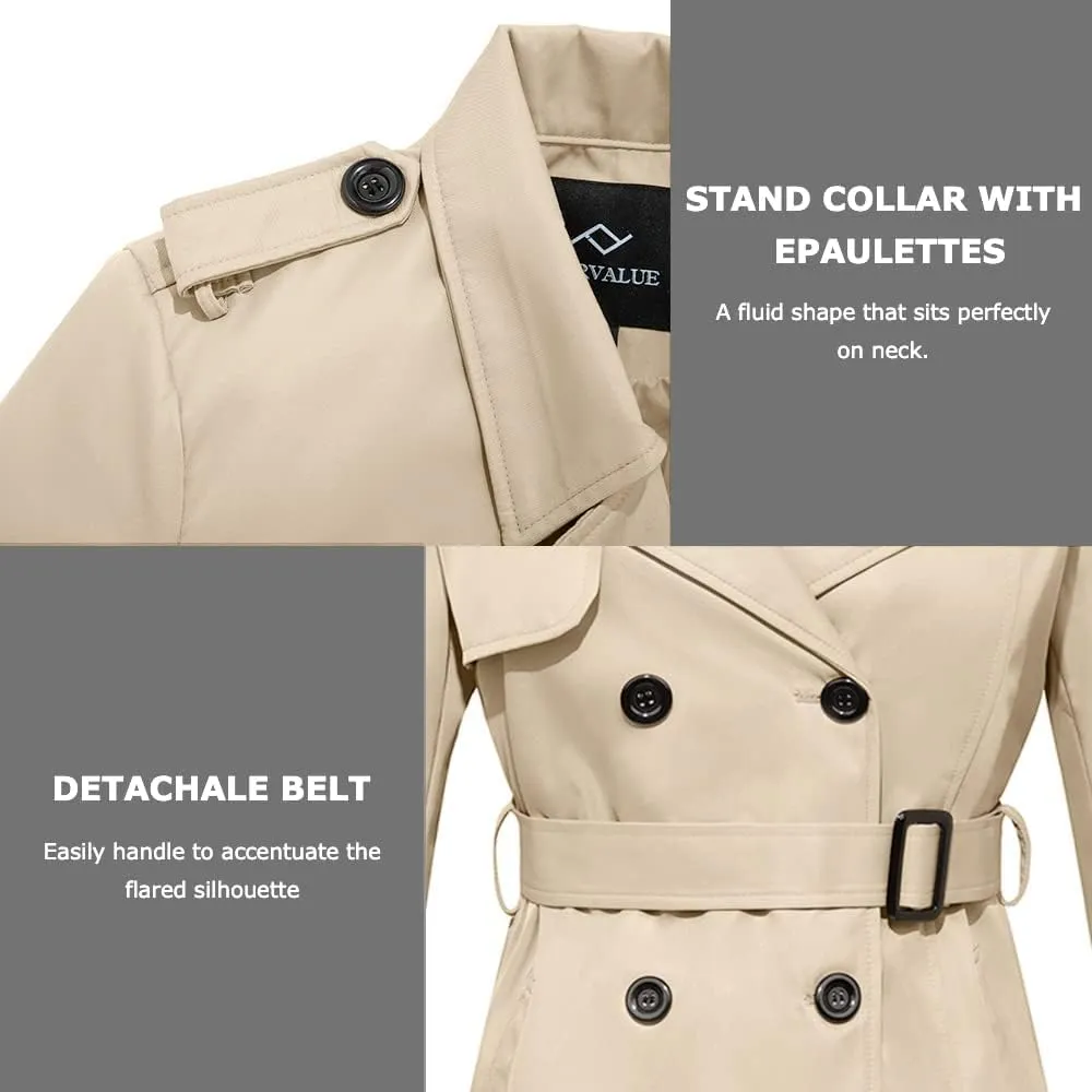 FARVALUE Women's Long Trenchcoat Double Breasted Trench Coat Water Resistant Classic Peacoat with Belt