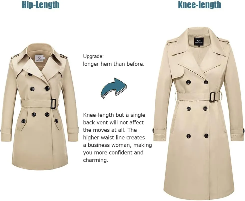 FARVALUE Women's Long Trenchcoat Double Breasted Trench Coat Water Resistant Classic Peacoat with Belt