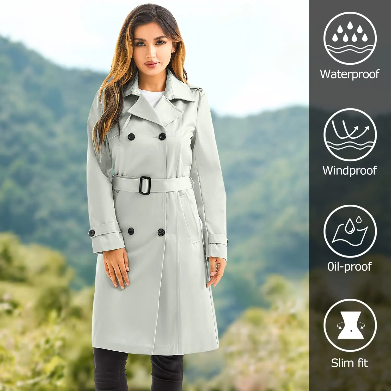 FARVALUE Women's Long Trenchcoat Double Breasted Trench Coat Water Resistant Classic Peacoat with Belt