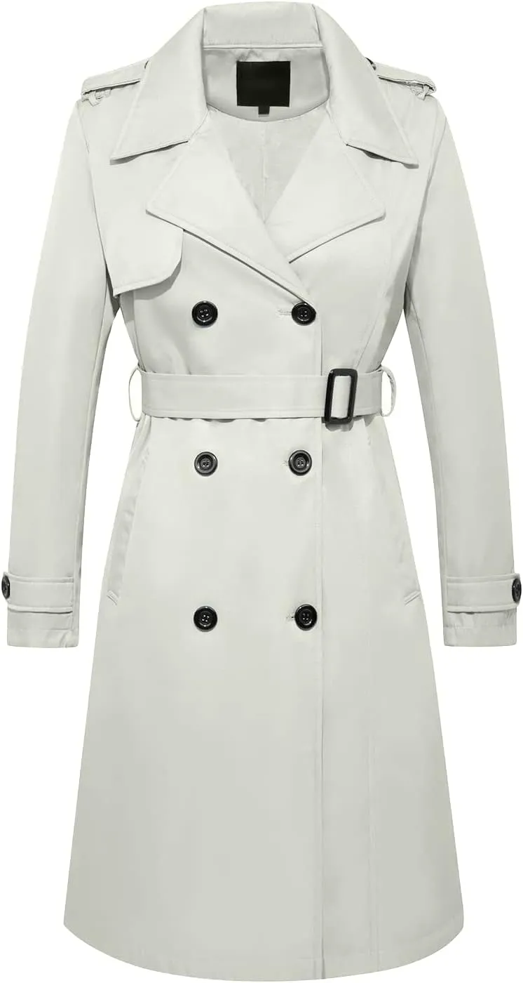 FARVALUE Women's Long Trenchcoat Double Breasted Trench Coat Water Resistant Classic Peacoat with Belt