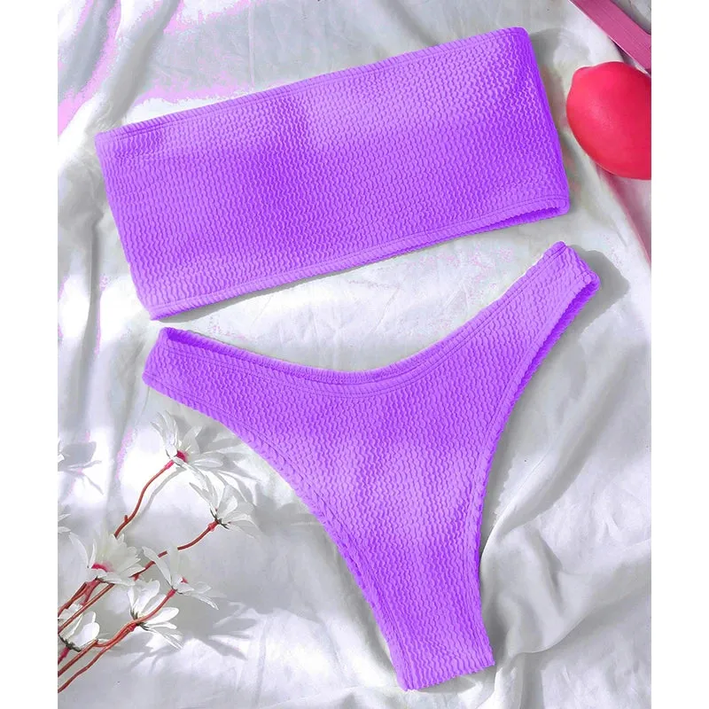 Fashion Bikini Textured Swimwear Women High Cut Swimsuit