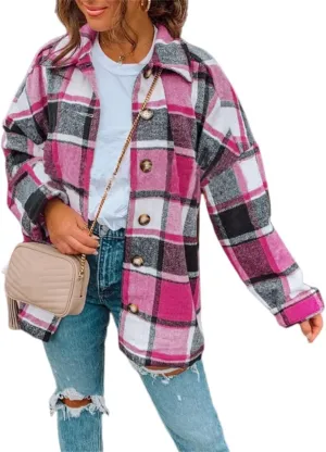 Flannel Shirts for Women Soft Plaid Shacket Button Down Wool Blend Jacket Oversized Long Sleeve Casual Shirt Tops