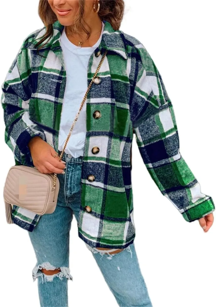 Flannel Shirts for Women Soft Plaid Shacket Button Down Wool Blend Jacket Oversized Long Sleeve Casual Shirt Tops