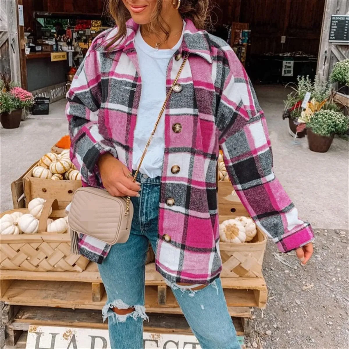 Flannel Shirts for Women Soft Plaid Shacket Button Down Wool Blend Jacket Oversized Long Sleeve Casual Shirt Tops