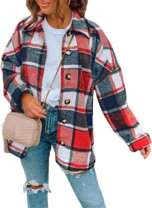 Flannel Shirts for Women Soft Plaid Shacket Button Down Wool Blend Jacket Oversized Long Sleeve Casual Shirt Tops