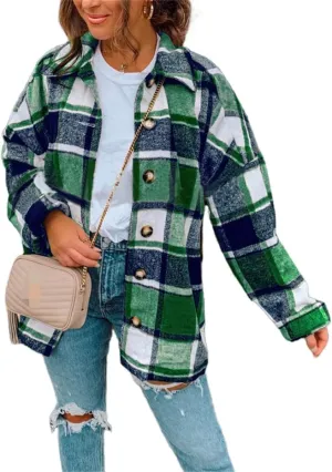 Flannel Shirts for Women Soft Plaid Shacket Button Down Wool Blend Jacket Oversized Long Sleeve Casual Shirt Tops