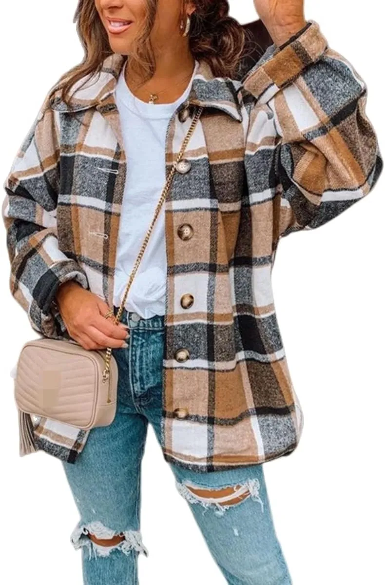 Flannel Shirts for Women Soft Plaid Shacket Button Down Wool Blend Jacket Oversized Long Sleeve Casual Shirt Tops