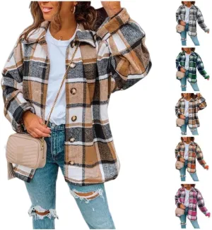 Flannel Shirts for Women Soft Plaid Shacket Button Down Wool Blend Jacket Oversized Long Sleeve Casual Shirt Tops