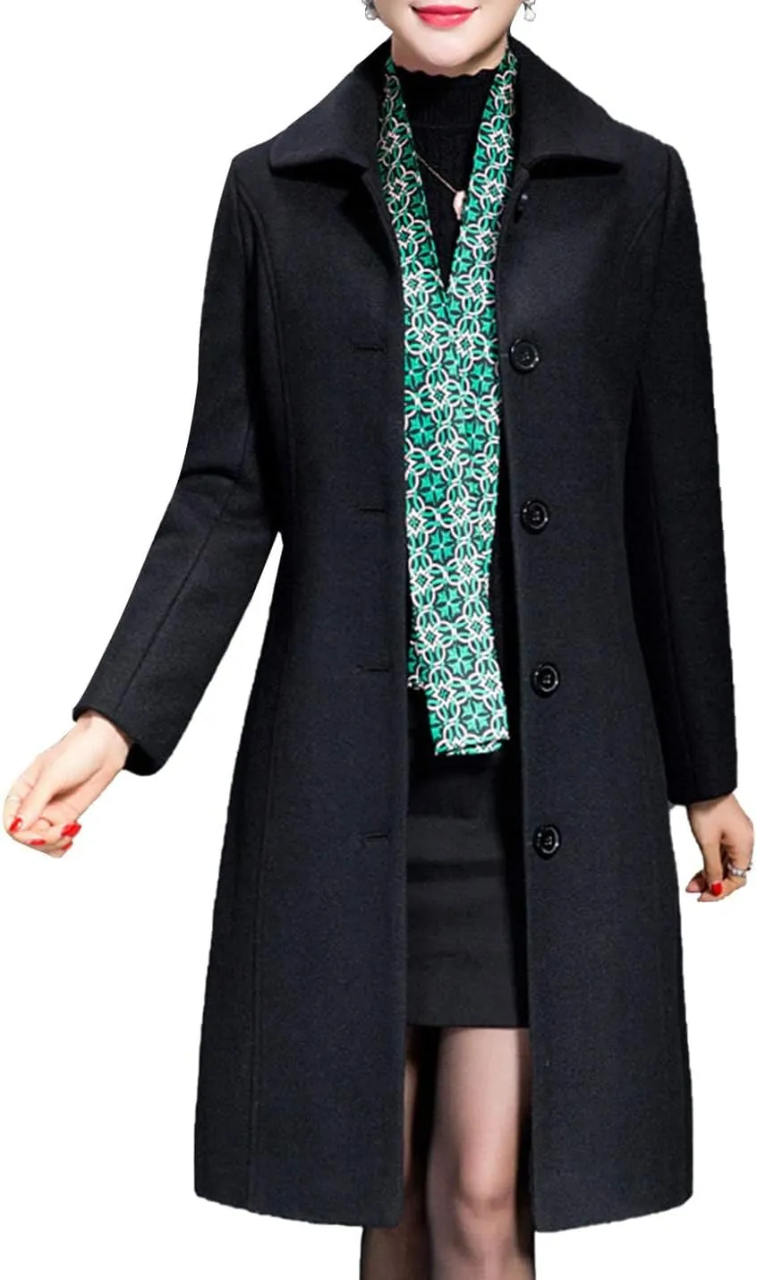 Flygo Women's Casual Single-breasted Wool Trench Jacket Winter Long Walking Coat