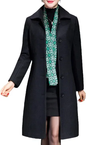 Flygo Women's Casual Single-breasted Wool Trench Jacket Winter Long Walking Coat