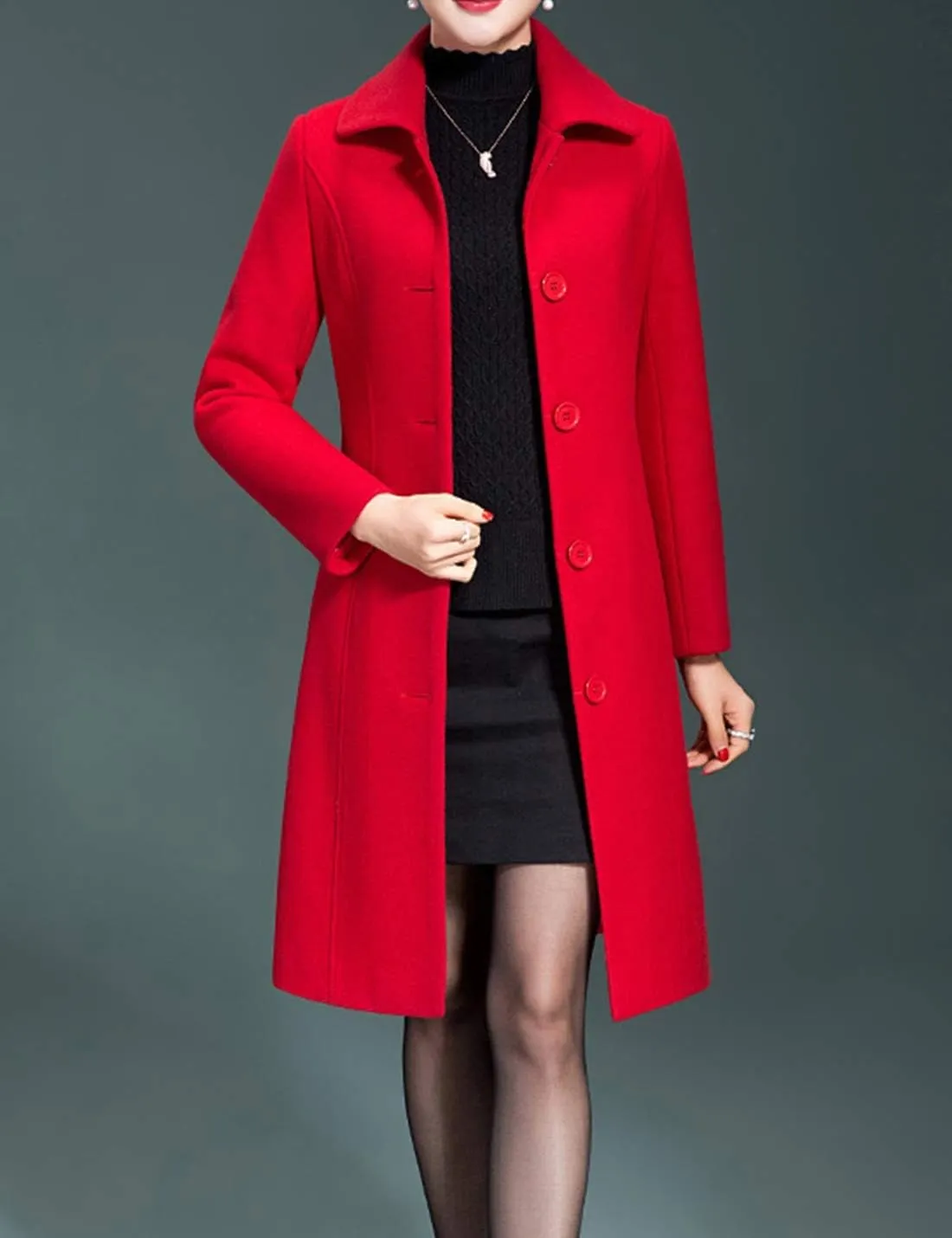 Flygo Women's Casual Single-breasted Wool Trench Jacket Winter Long Walking Coat