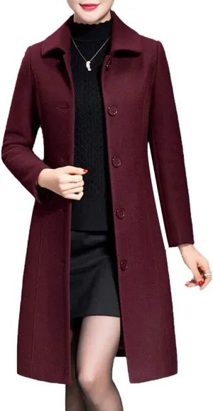 Flygo Women's Casual Single-breasted Wool Trench Jacket Winter Long Walking Coat