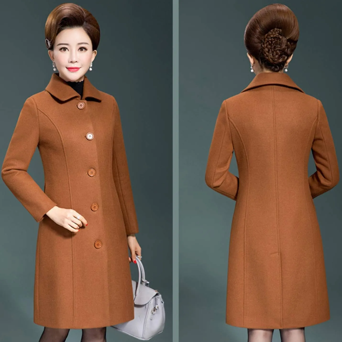 Flygo Women's Casual Single-breasted Wool Trench Jacket Winter Long Walking Coat