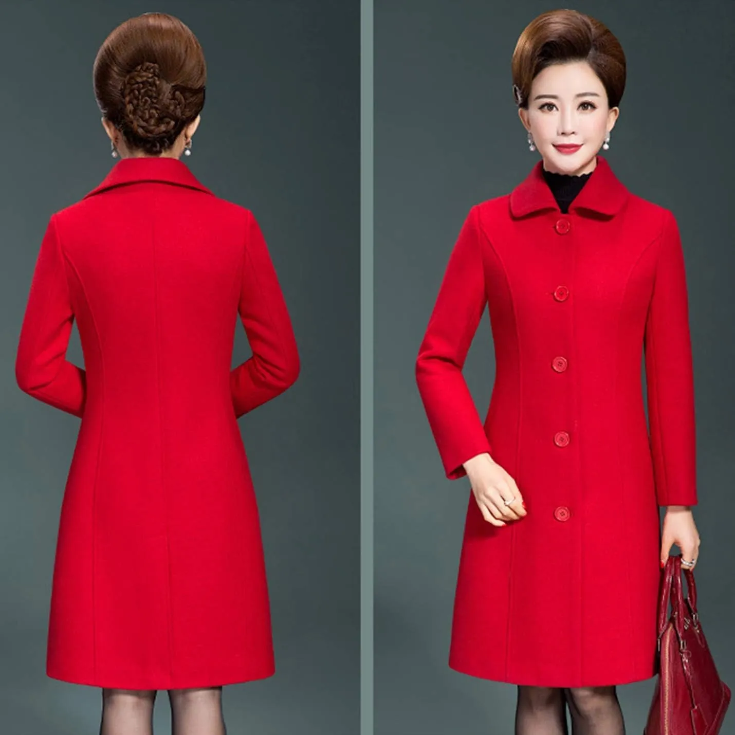Flygo Women's Casual Single-breasted Wool Trench Jacket Winter Long Walking Coat