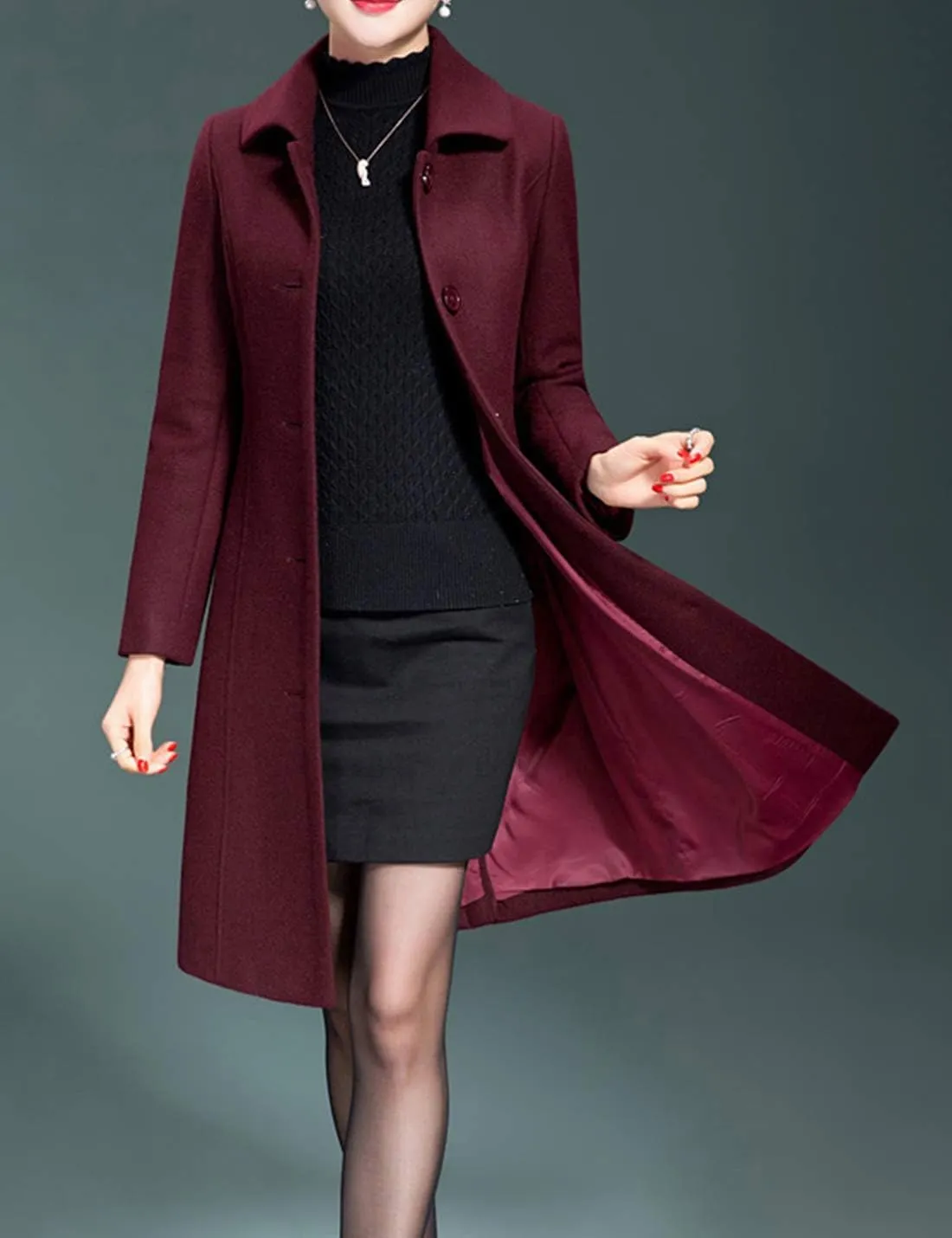 Flygo Women's Casual Single-breasted Wool Trench Jacket Winter Long Walking Coat