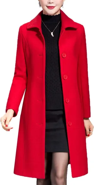 Flygo Women's Casual Single-breasted Wool Trench Jacket Winter Long Walking Coat