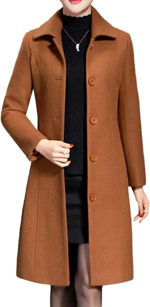 Flygo Women's Casual Single-breasted Wool Trench Jacket Winter Long Walking Coat