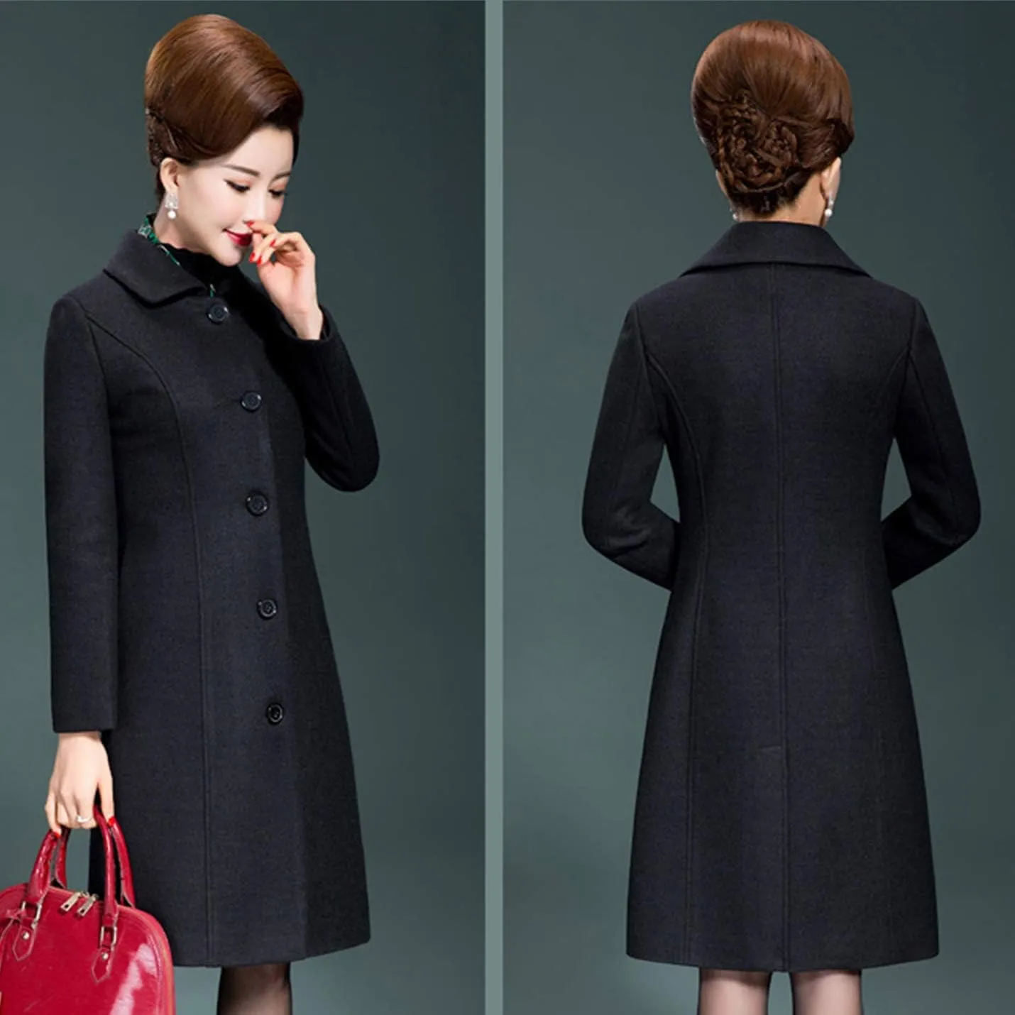Flygo Women's Casual Single-breasted Wool Trench Jacket Winter Long Walking Coat