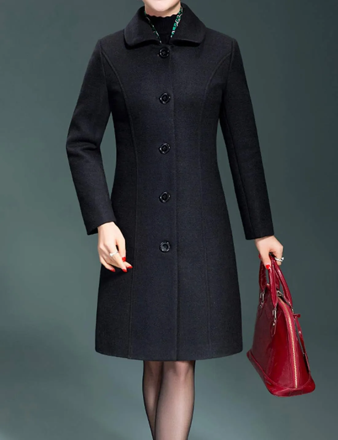 Flygo Women's Casual Single-breasted Wool Trench Jacket Winter Long Walking Coat