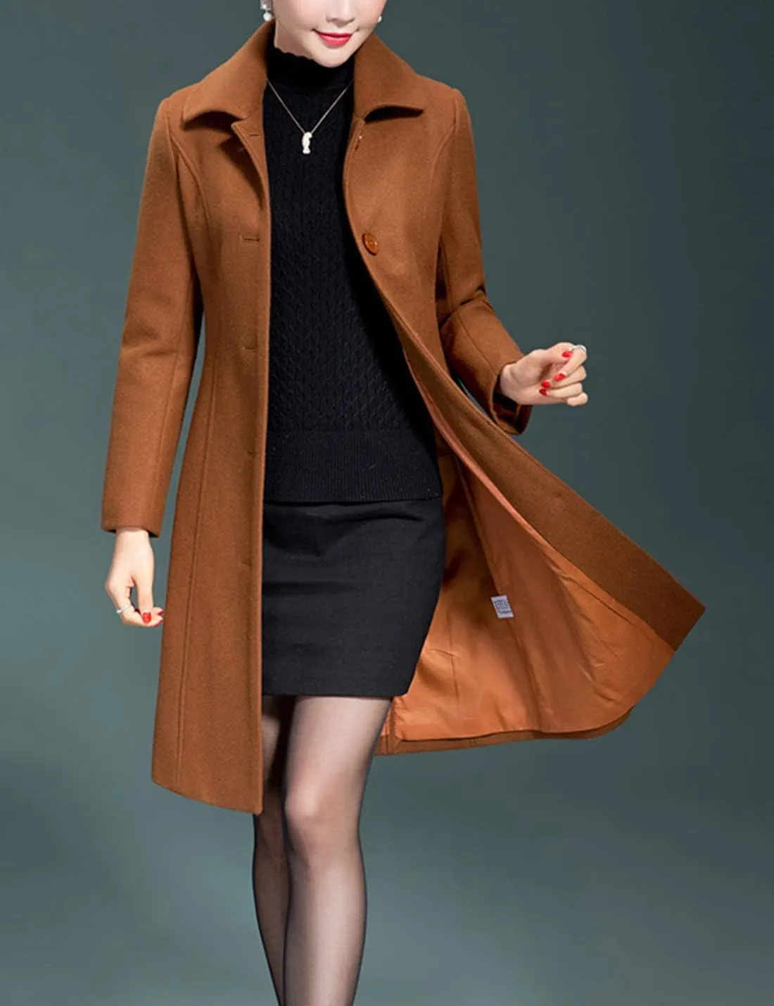 Flygo Women's Casual Single-breasted Wool Trench Jacket Winter Long Walking Coat