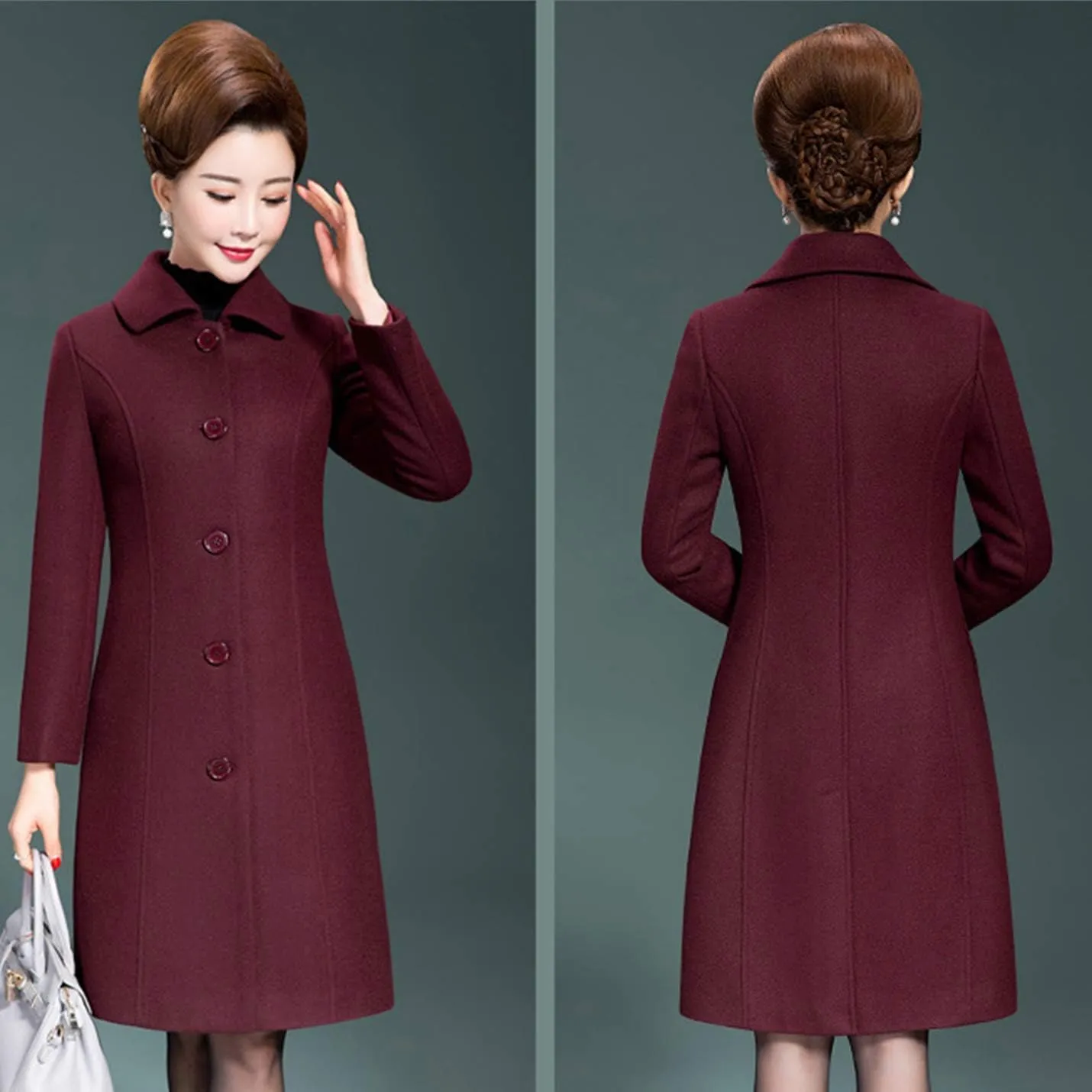 Flygo Women's Casual Single-breasted Wool Trench Jacket Winter Long Walking Coat