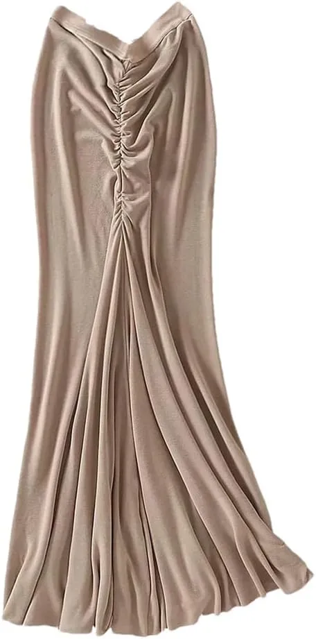 Fnfmrfmr Women's Casual High Waist Pleated Midi Skirts Long Tight-Fitting Hip Slim Elasticity Skirt